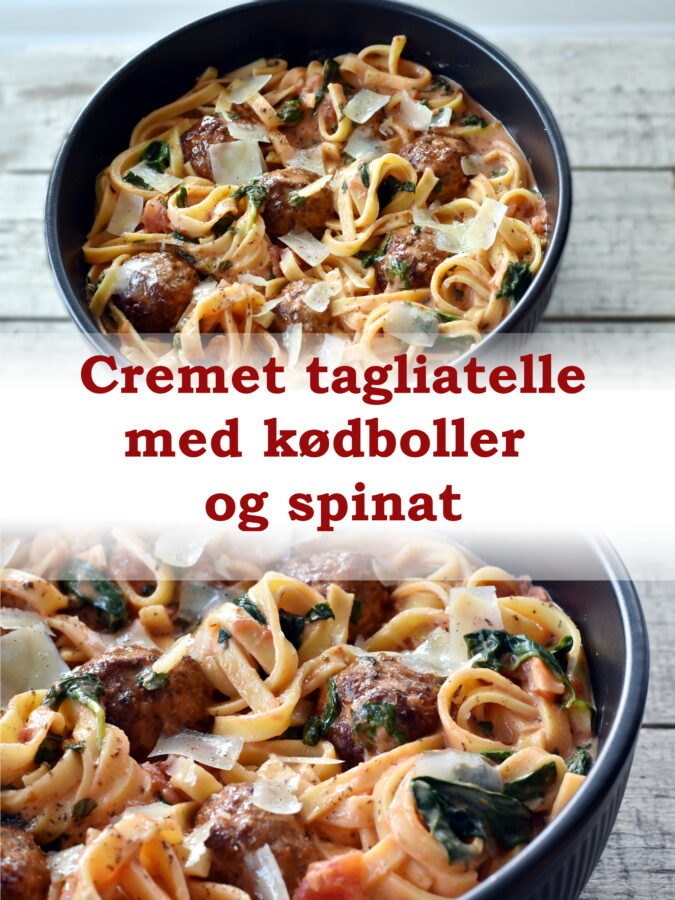 Cremet tagliatelle med kødboller og spinat. Bag kødbollerne i ovnen. Det er nemt og så kan du forberede resten imens.