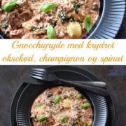Gnocchigryde med krydret kød, champignoner og spinat