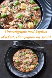 Gnocchigryde med krydret kød, champignoner og spinat