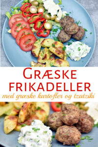 Græsk-inspirerede frikaldeller med tzatziki og græske kartofler