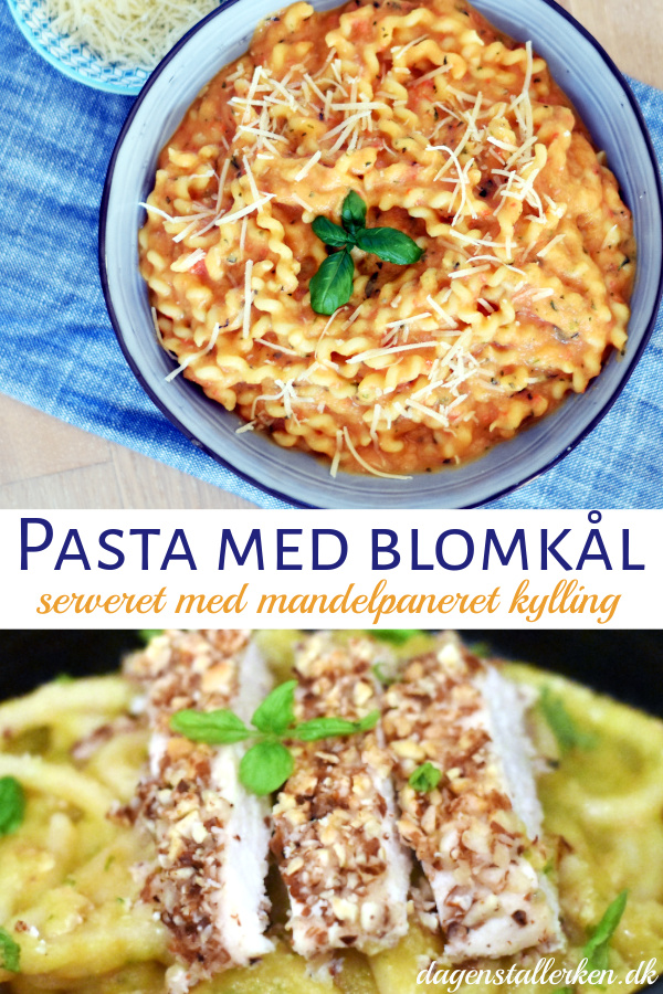 Pasta med blomkål som cremet sauce serveret med mandelpaneret kylling