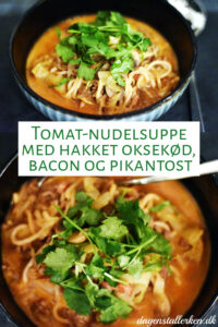 Tomat-nudelsuppe med hakket oksekød, bacon og pikantost