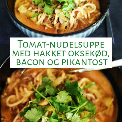 Tomat-nudelsuppe med hakket oksekød, bacon og pikantost