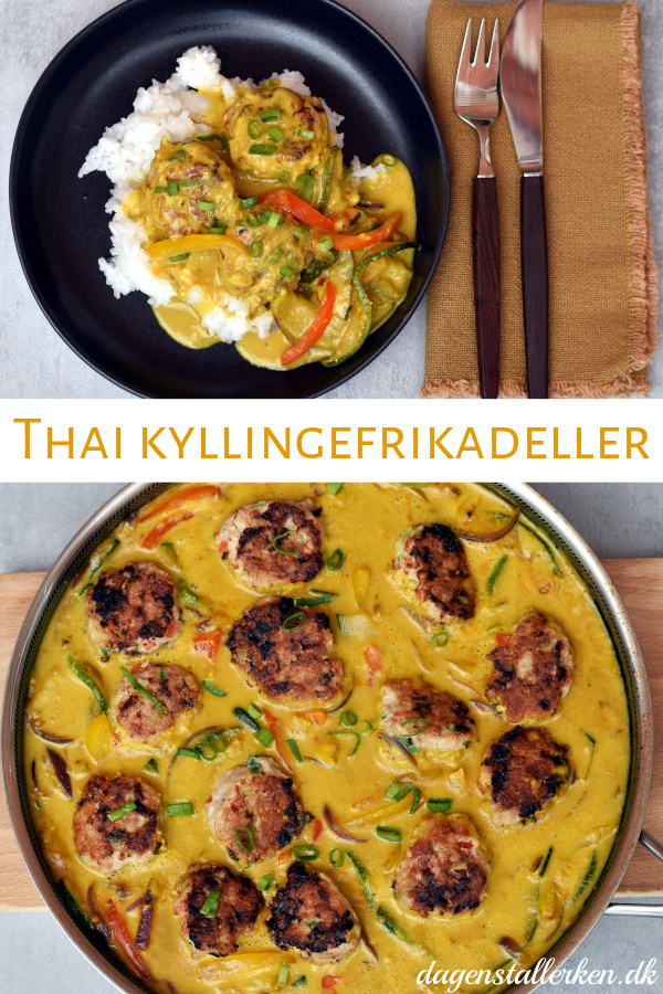 Thai kyllingefrikadeller i kokossovs serveret med ris
